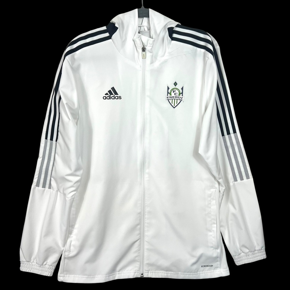 Adidas Mens OKC Energy FC Aeroready Full Zip Hooded Windbreaker Jacket White M